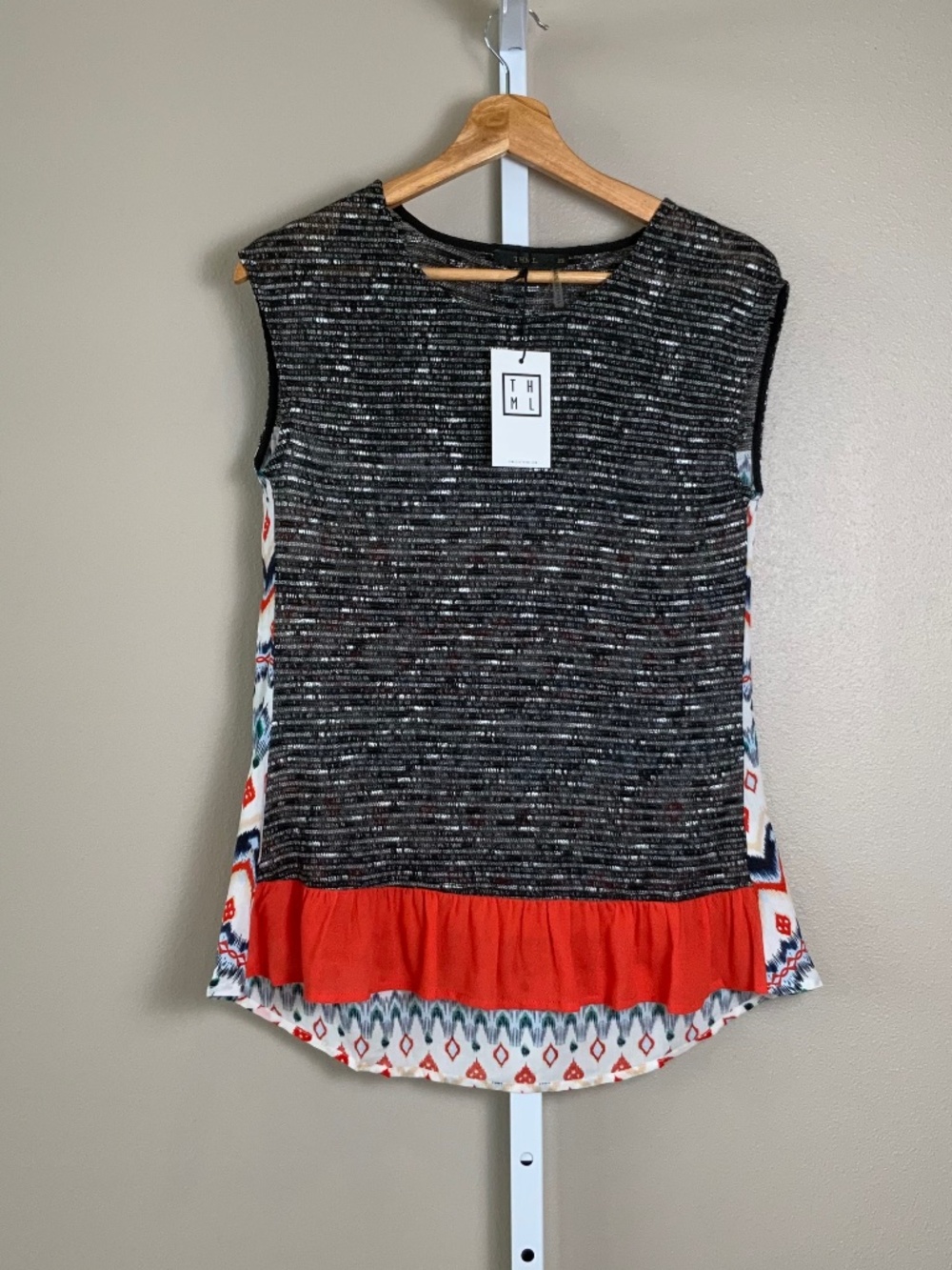 THML Sleeveless Ruffle Hem Mixed Media Top